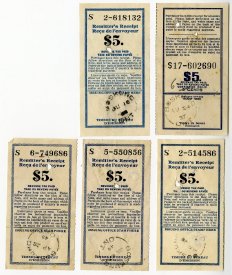 $5 postal notes stamped boskung 1937, illegible, 1942, 1944, and 1945